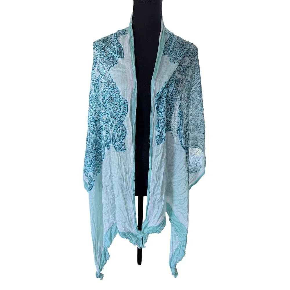 Talbots Mint Green Paisley Viscose Lightweight Wrap Scarf Shawl Frayed Edge